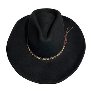 HOUSE OF HARLOW 1960 Black 100% Wool Hat Western with 100% Genuine Leather Trim